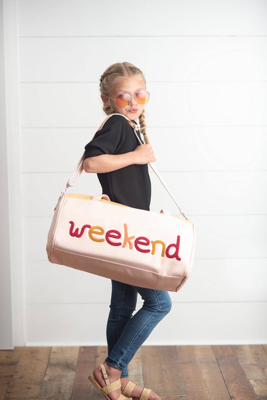 Kids Pink & Tan Fuzzy Letter Weekender Travel Bag