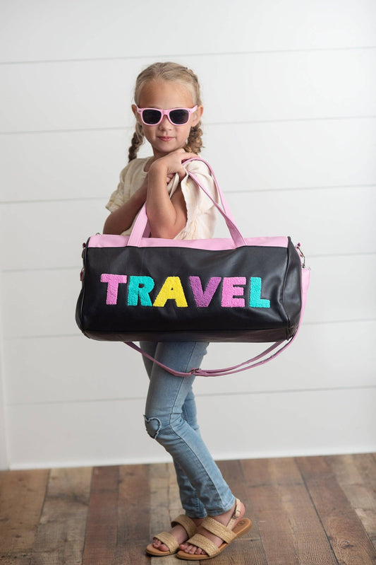 Kids Pink & Black Fuzzy Letter Weekender Travel Bag