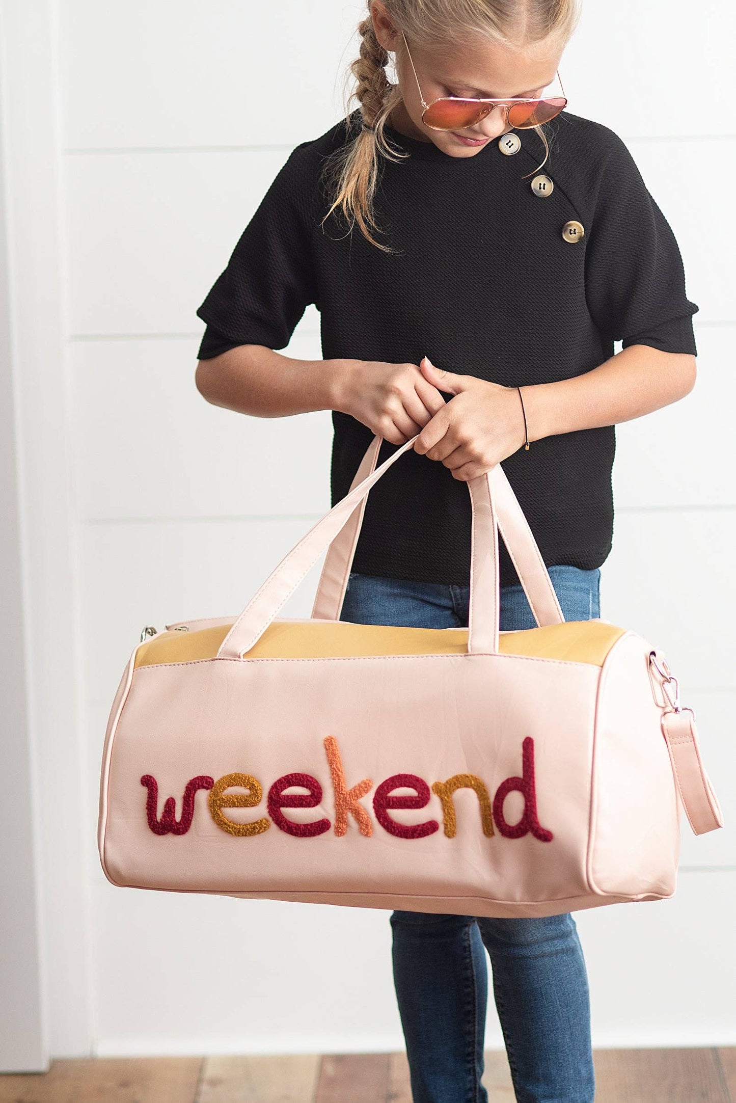 Kids Pink & Tan Fuzzy Letter Weekender Travel Bag