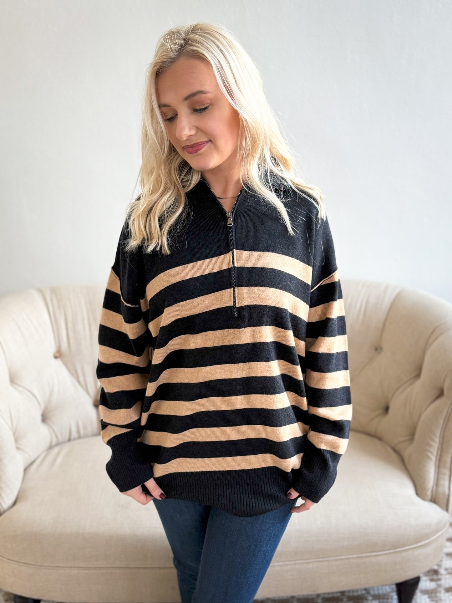 Stripe Collared Quarter Zip Sweater - Black