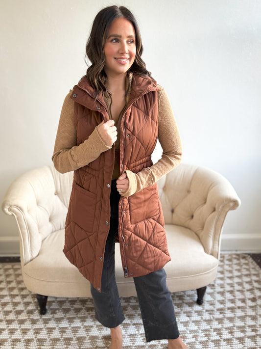 Longline Quilted Puffer Vest - Coffee