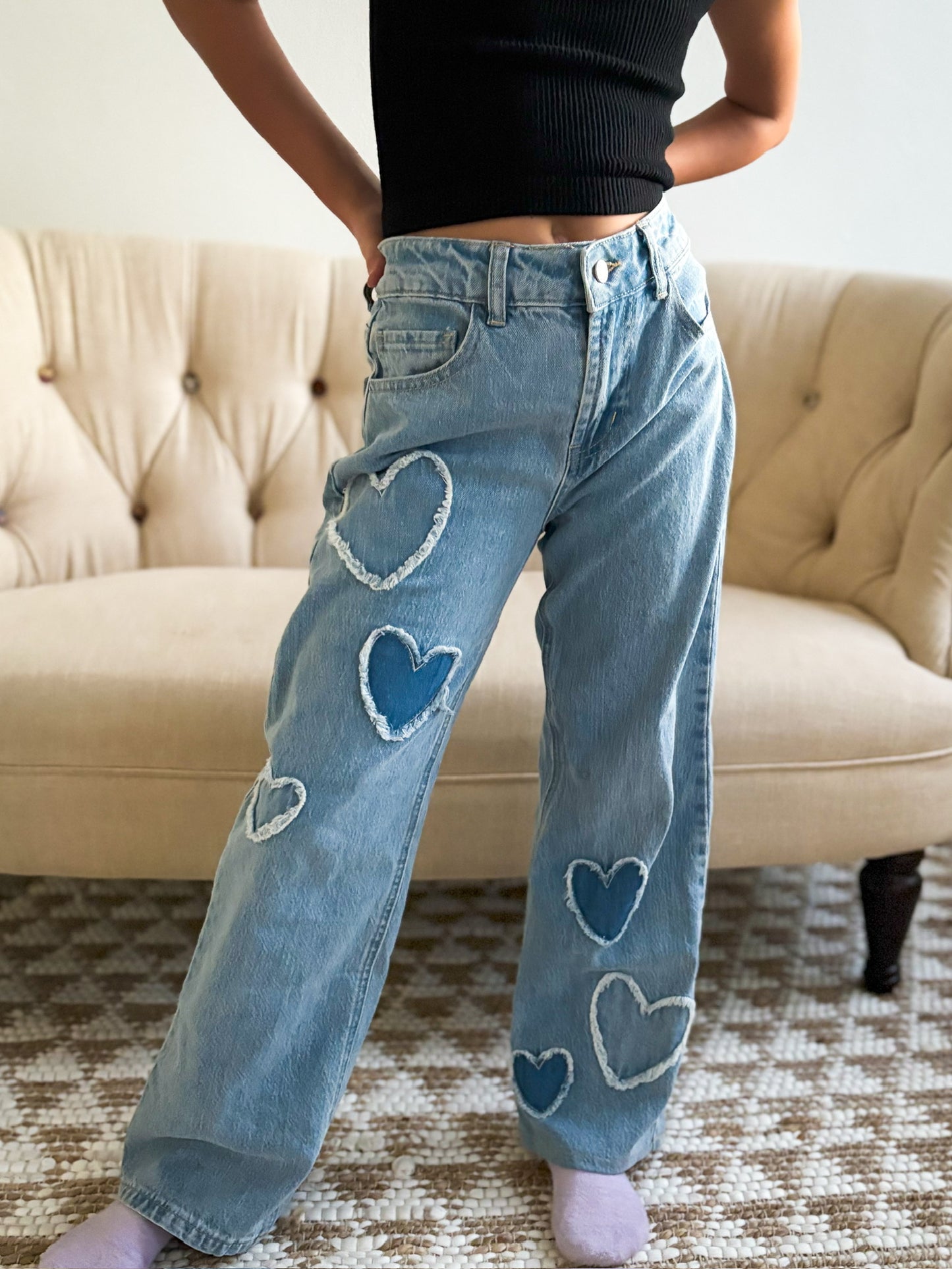 Girls Heart Patch Wide Leg Jeans - Indigo