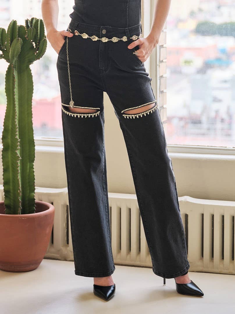 Rhinestone Washed Denim Jeans - Black / S