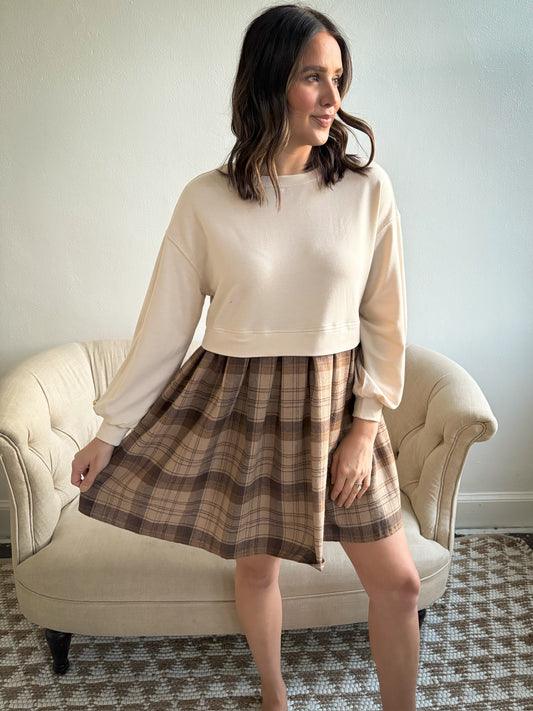 Plaid Patchwork Sweatshirt Dress- Beige