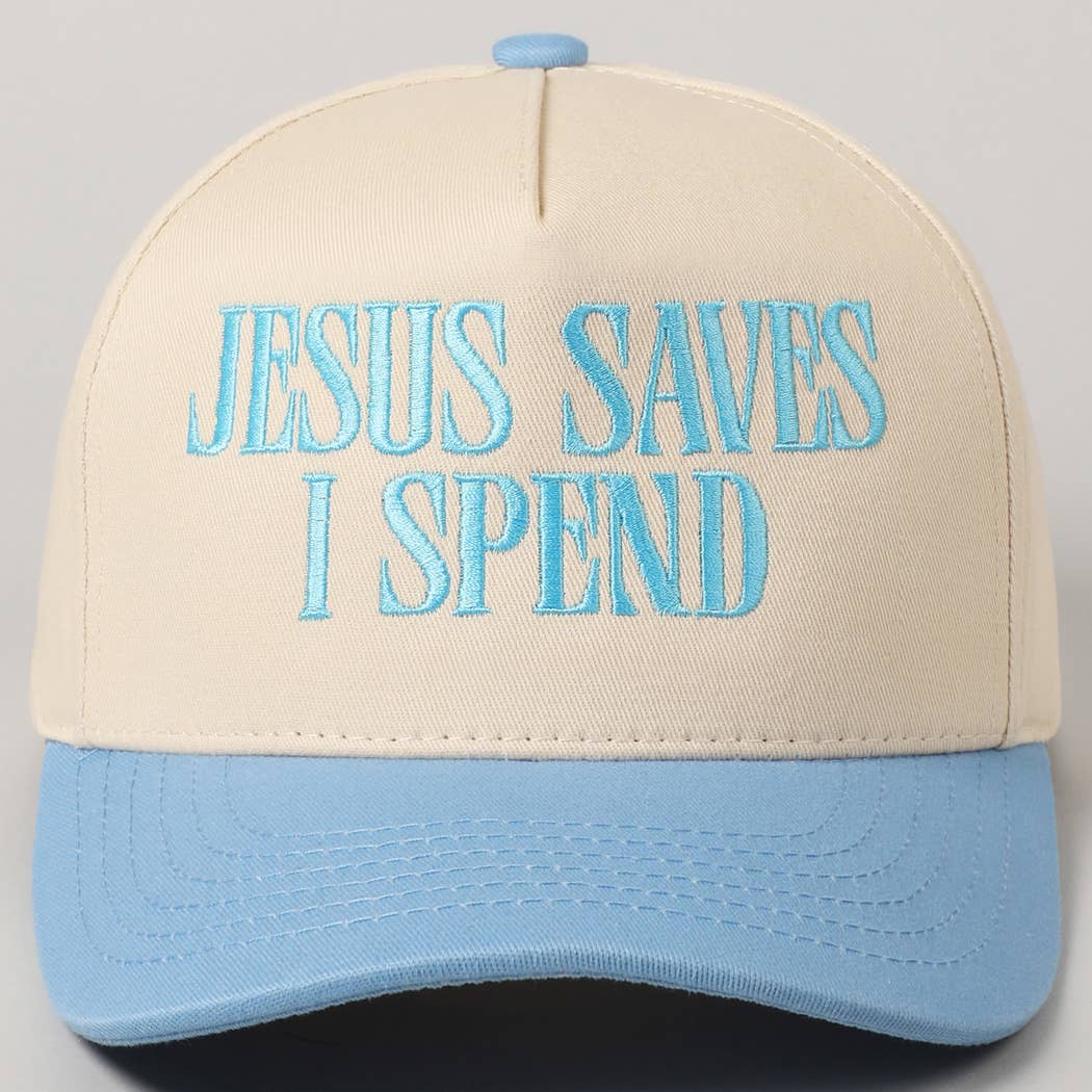 JESUS SAVES I SPEND Trucker Hat - Sky Blue