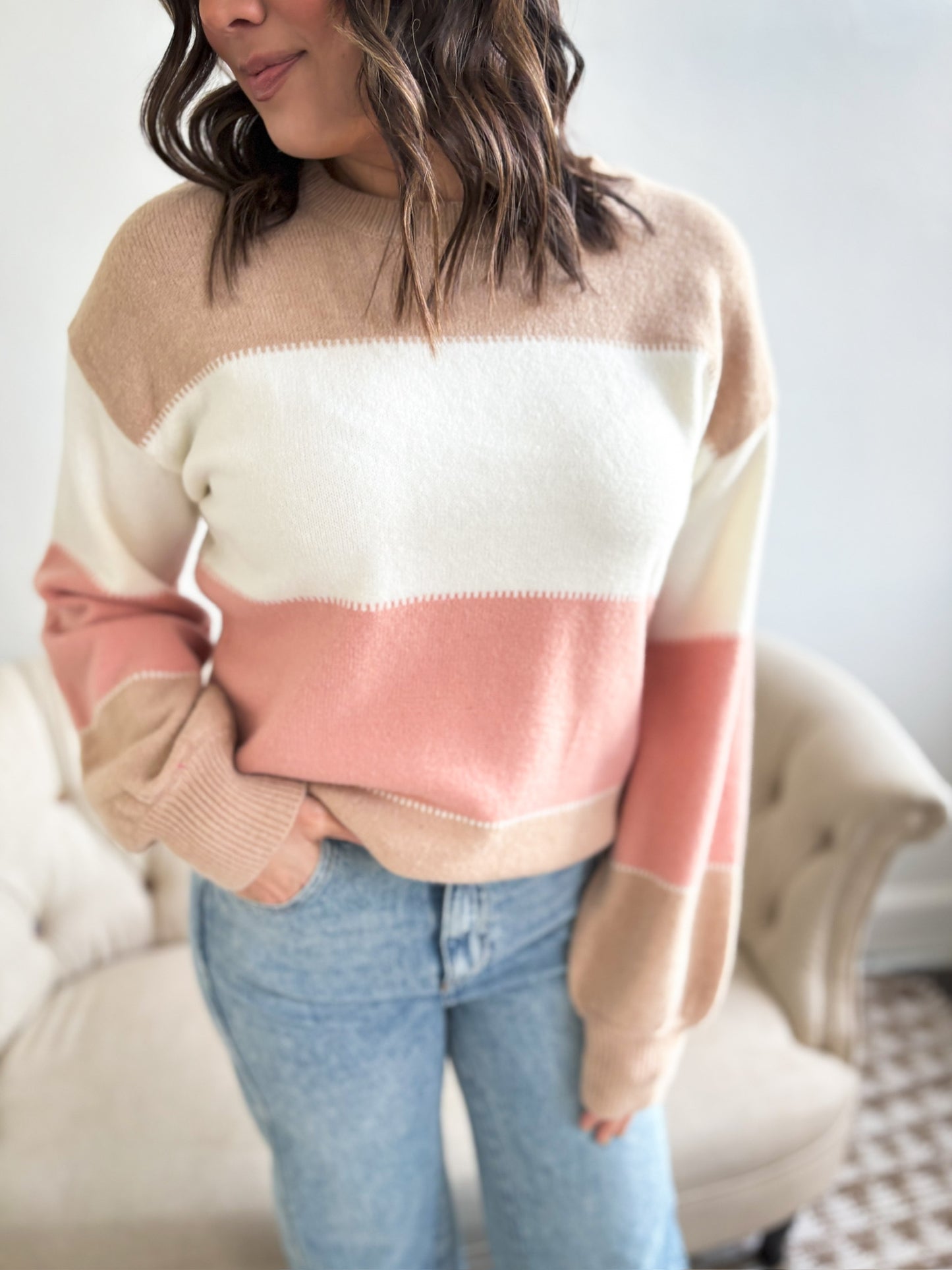 Crandal Color Block Sweater - Dusty Pink