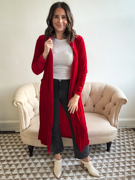 Velvet Open Front Pocketed Long Duster - Fiery Red