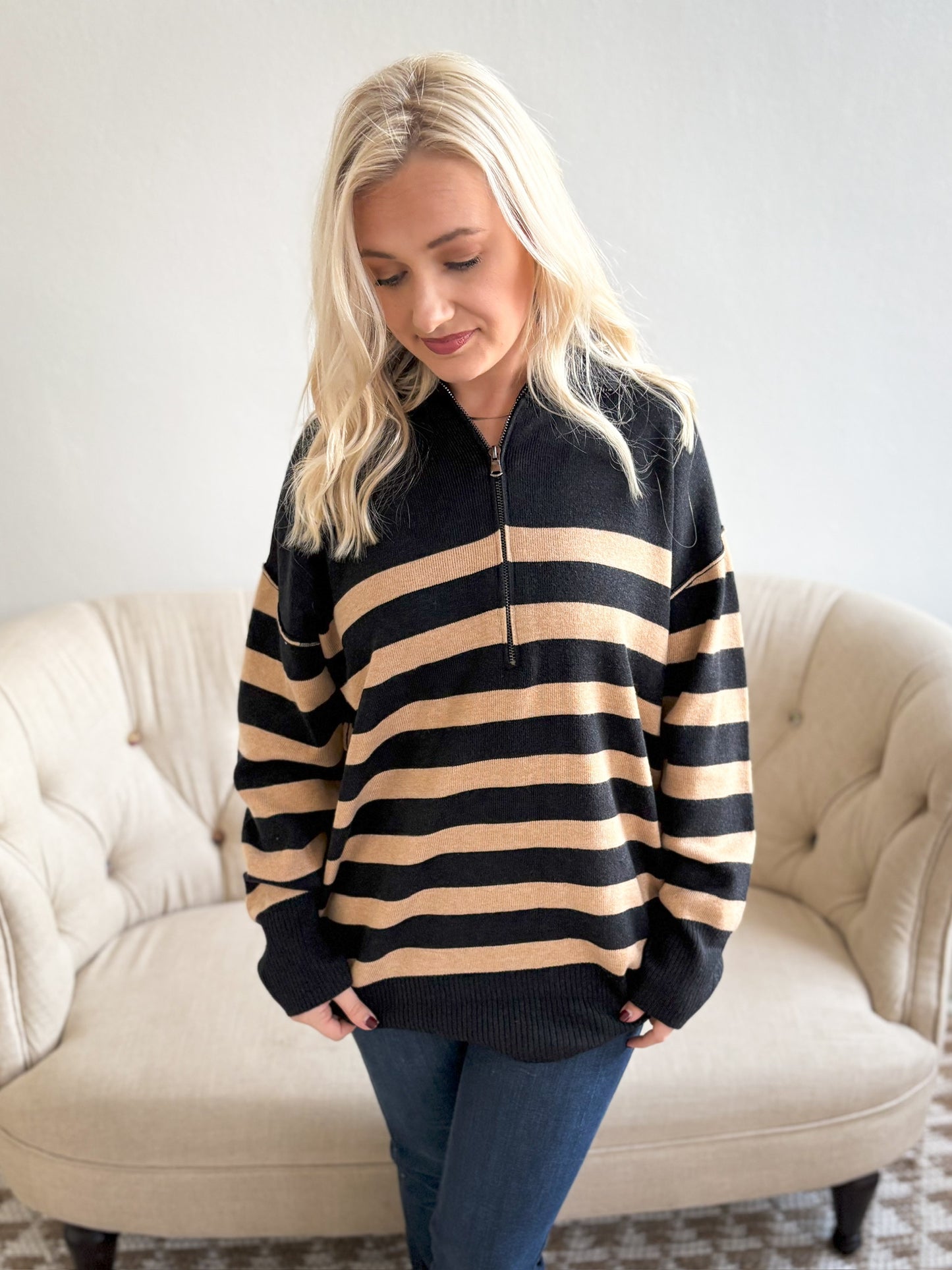 Stripe Collared Quarter Zip Sweater - Black