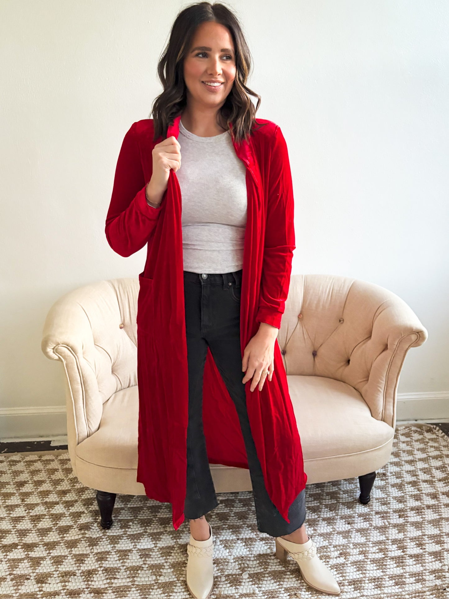 Velvet Open Front Pocketed Long Duster - Fiery Red