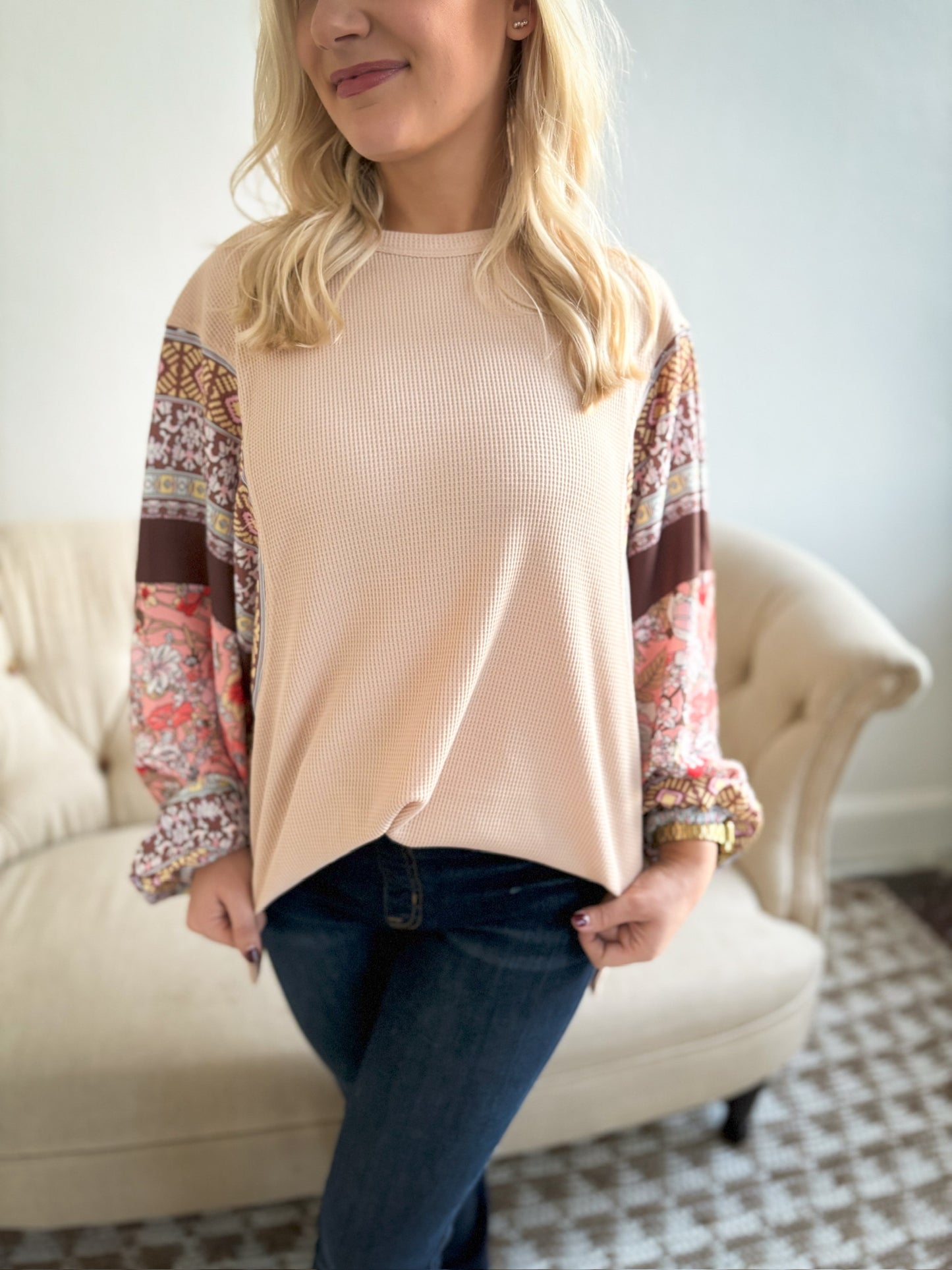 Floral Patchwork Waffle Knit Top - Beige