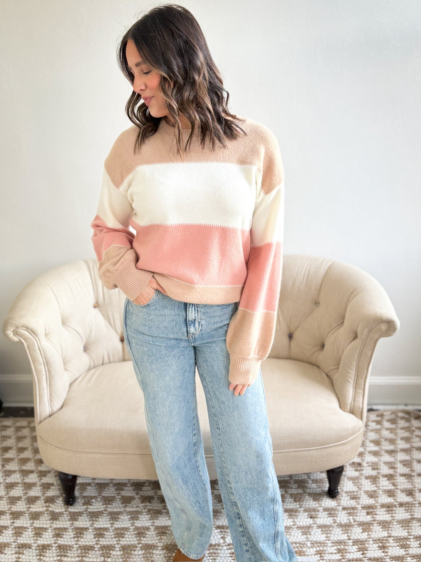 Crandal Color Block Sweater - Dusty Pink