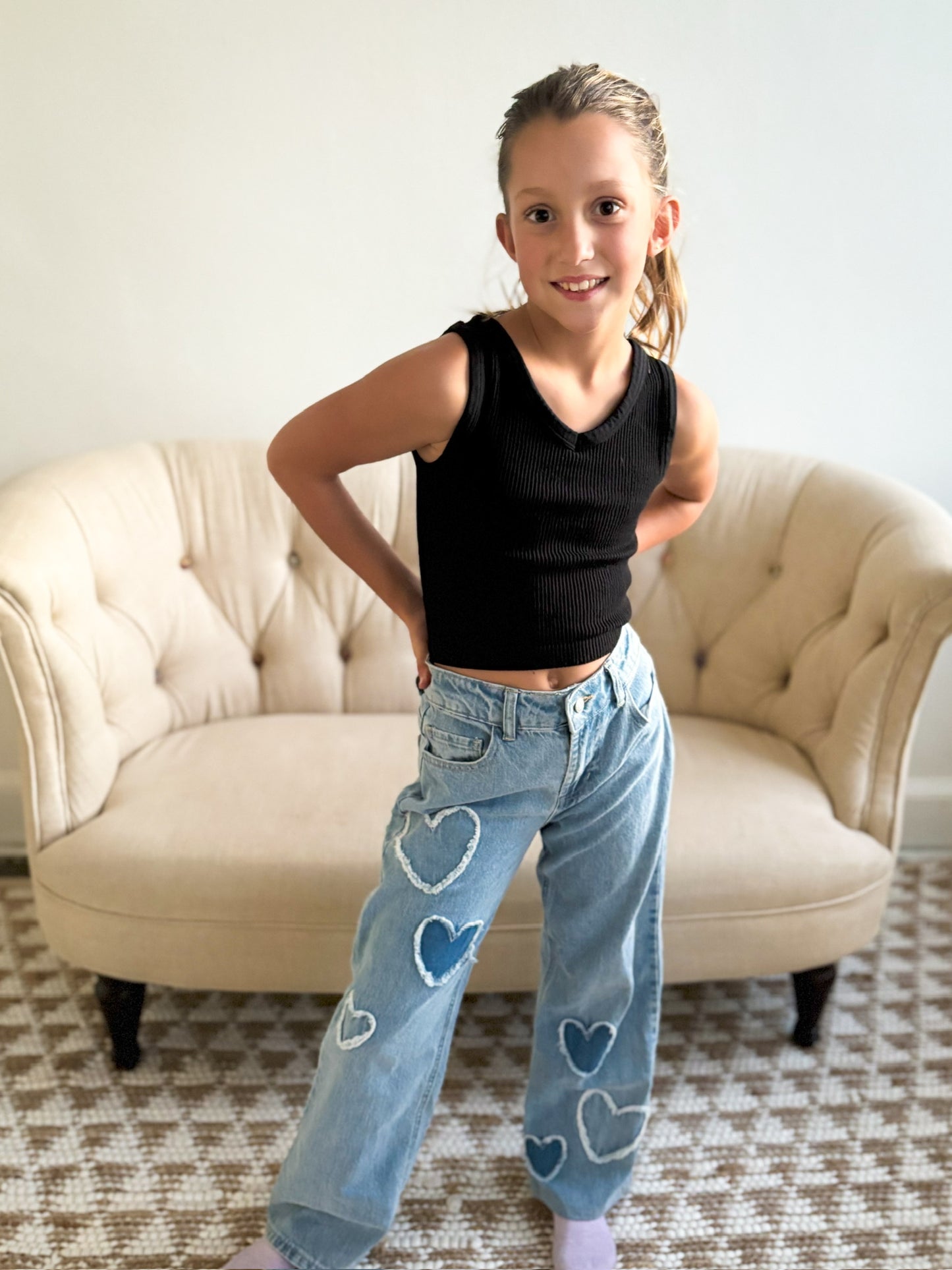 Girls Heart Patch Wide Leg Jeans - Indigo