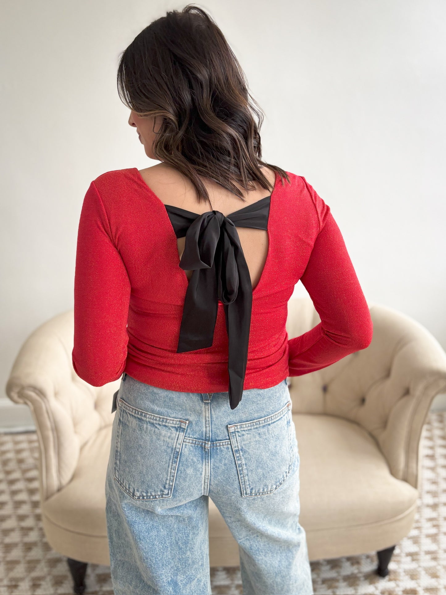 Metallic Bowknot Open Back Top - Red