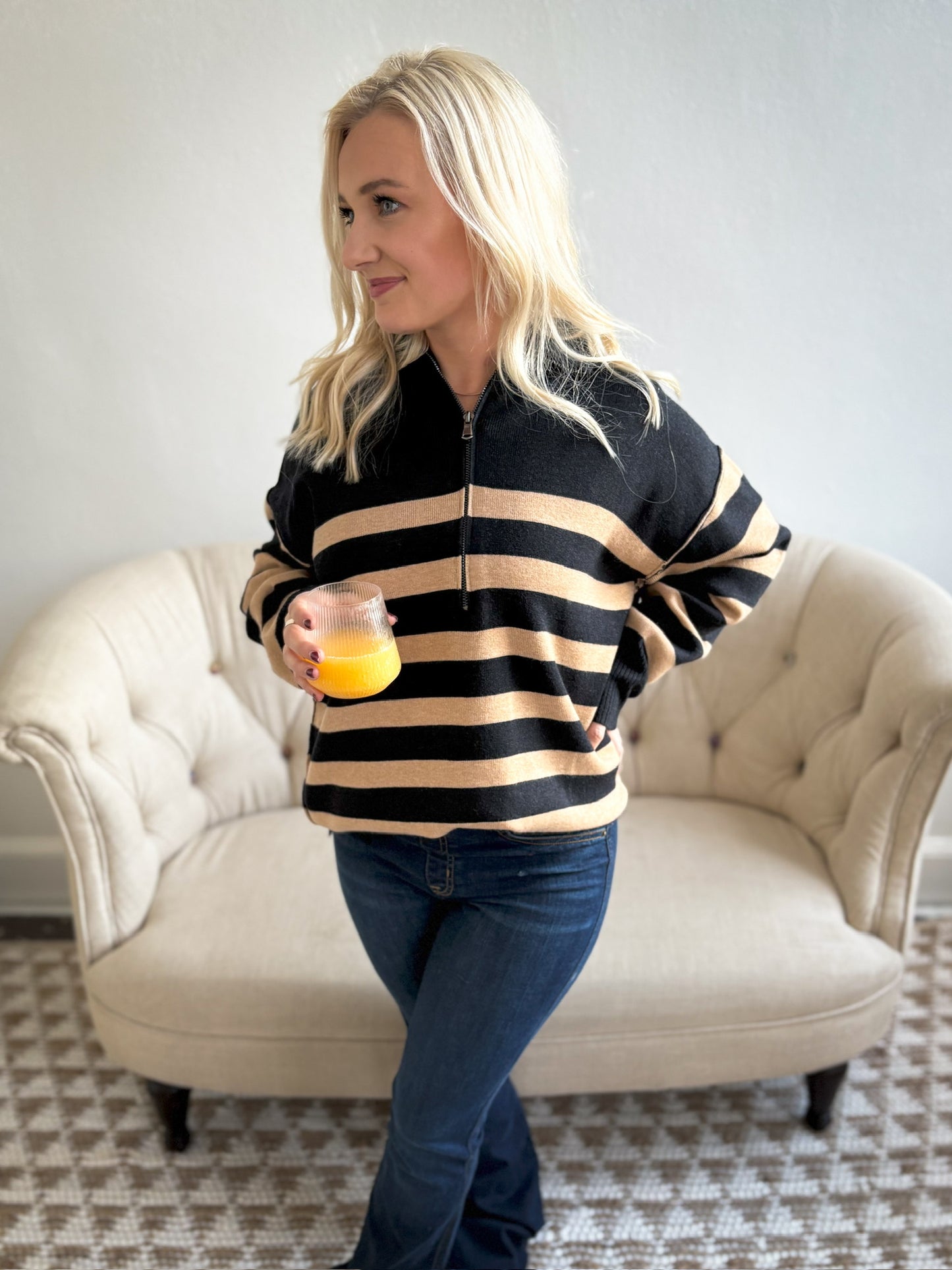 Stripe Collared Quarter Zip Sweater - Black