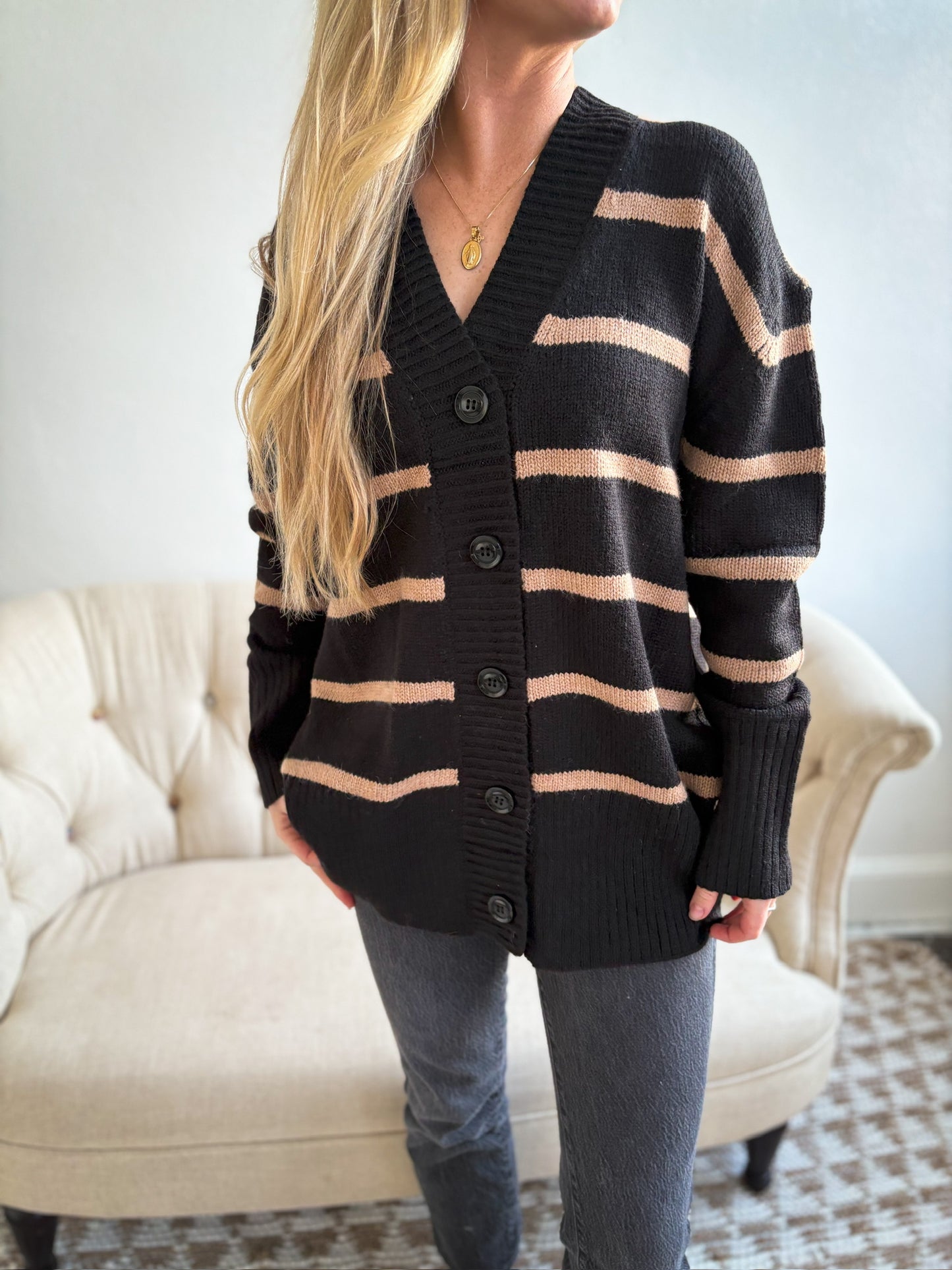 Striped V-Neck Loose Cardigan - Black