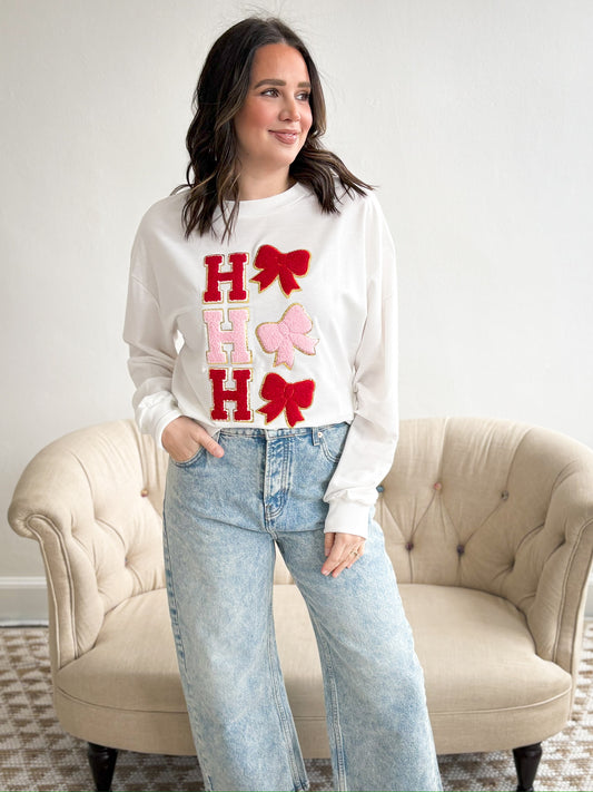 Chenille HOHOHO Bow Sweatshirt - White