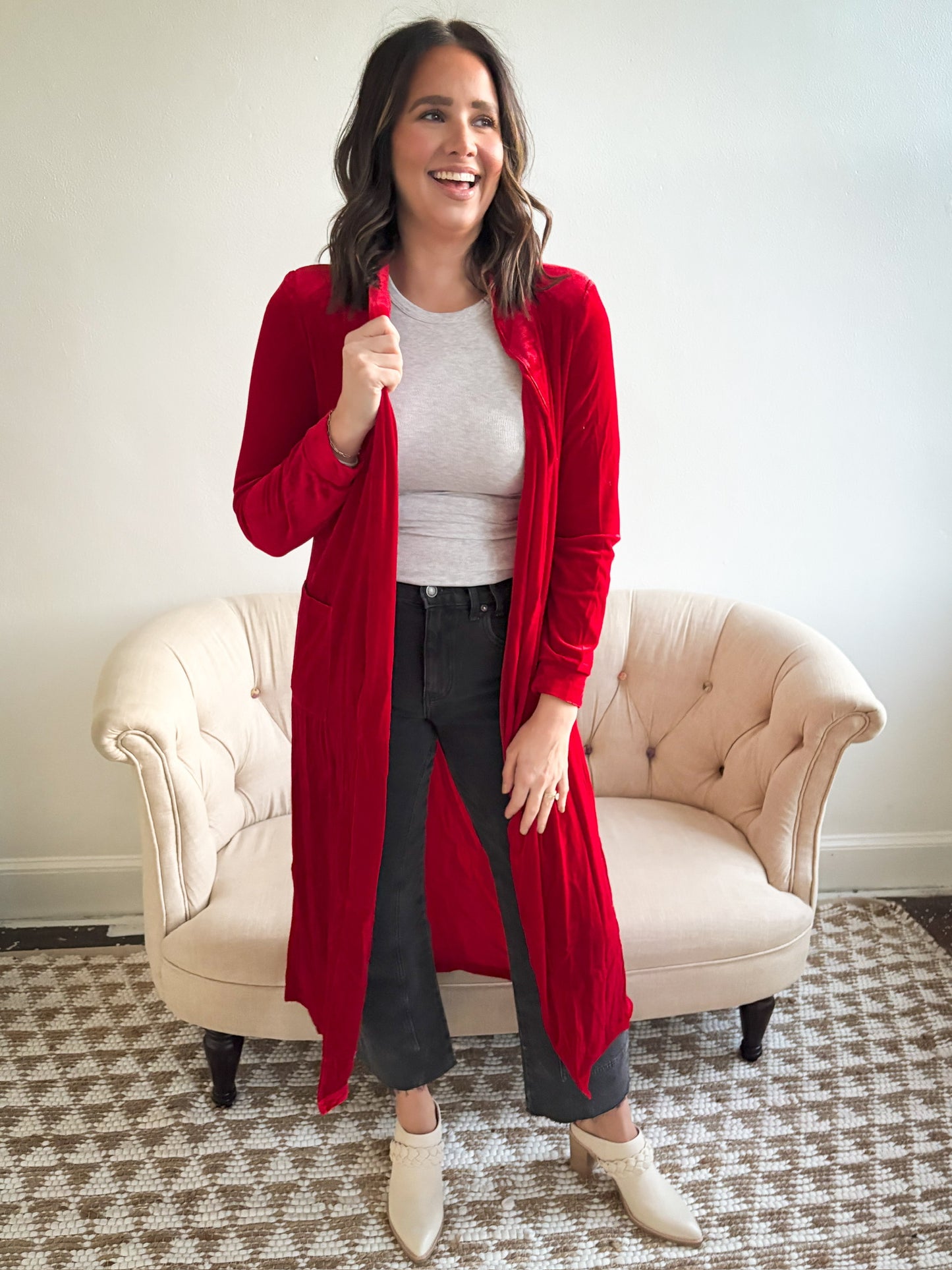 Velvet Open Front Pocketed Long Duster - Fiery Red