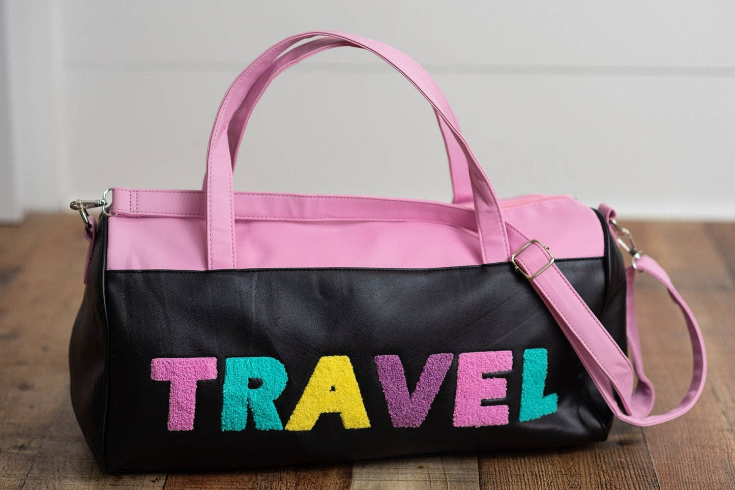 Kids Pink & Black Fuzzy Letter Weekender Travel Bag