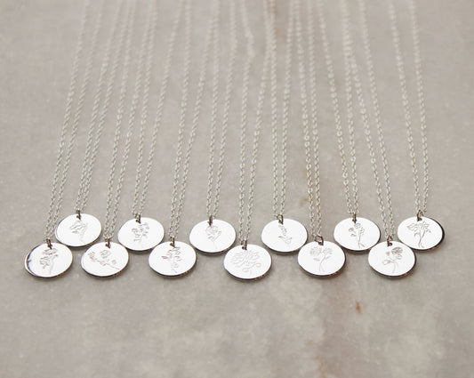 Stamped Birth Flower Necklace - Silver