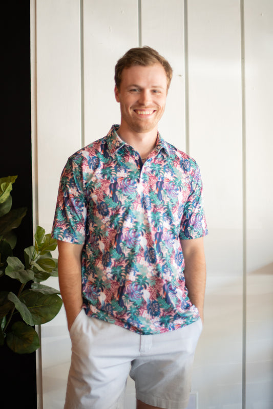 XC4 Printed Polo - Pink Tropical Bird