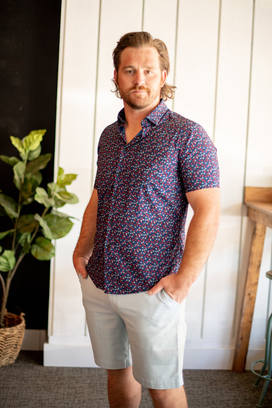 Red & Blue Floral SS Button Up