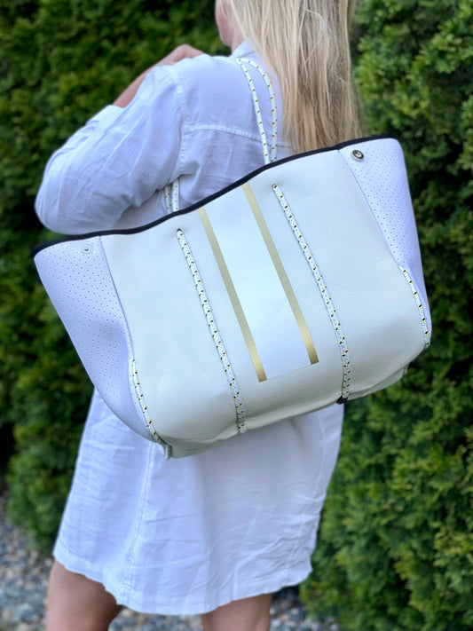 The Aniella Neoprene Tote - White Canvas with Gold Stripe