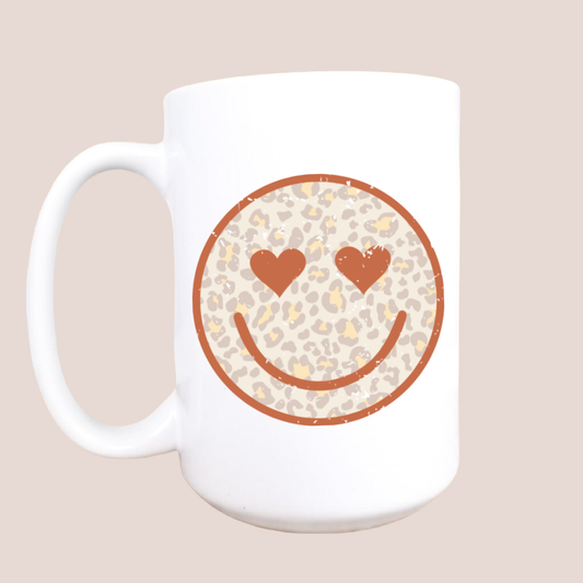 15oz Leopard happy face ceramic coffee mug