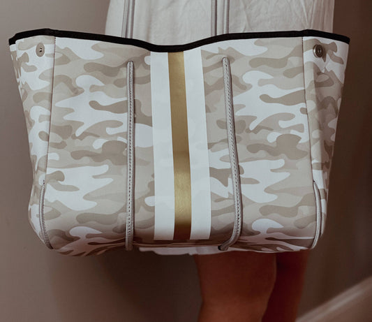 The Aniella Neoprene Tote - Camo with Gold Stripe