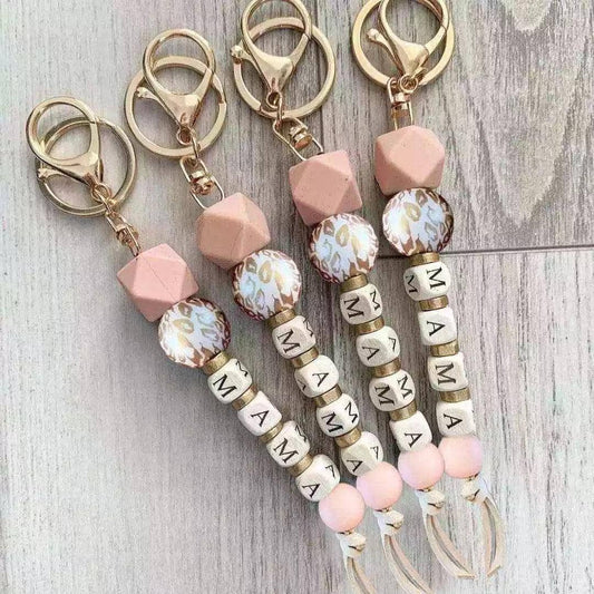 White Leopard Mama Beaded Keychain